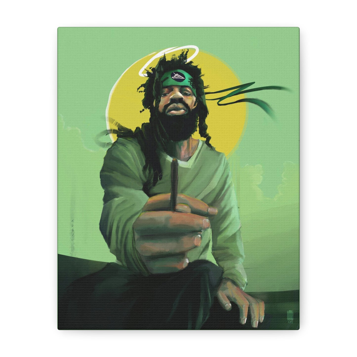 
                  
                    Green Halo Art Canvas - Meditative Figure Smoking Illustration
                  
                