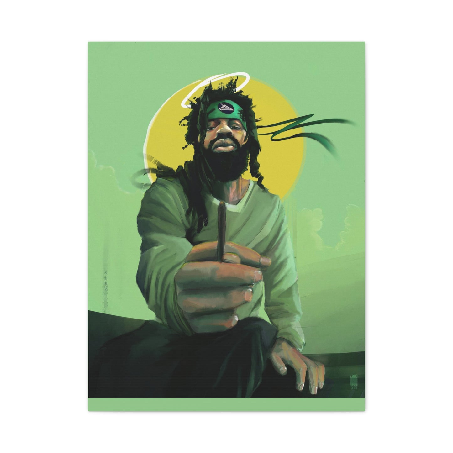 
                  
                    Green Halo Art Canvas - Meditative Figure Smoking Illustration
                  
                