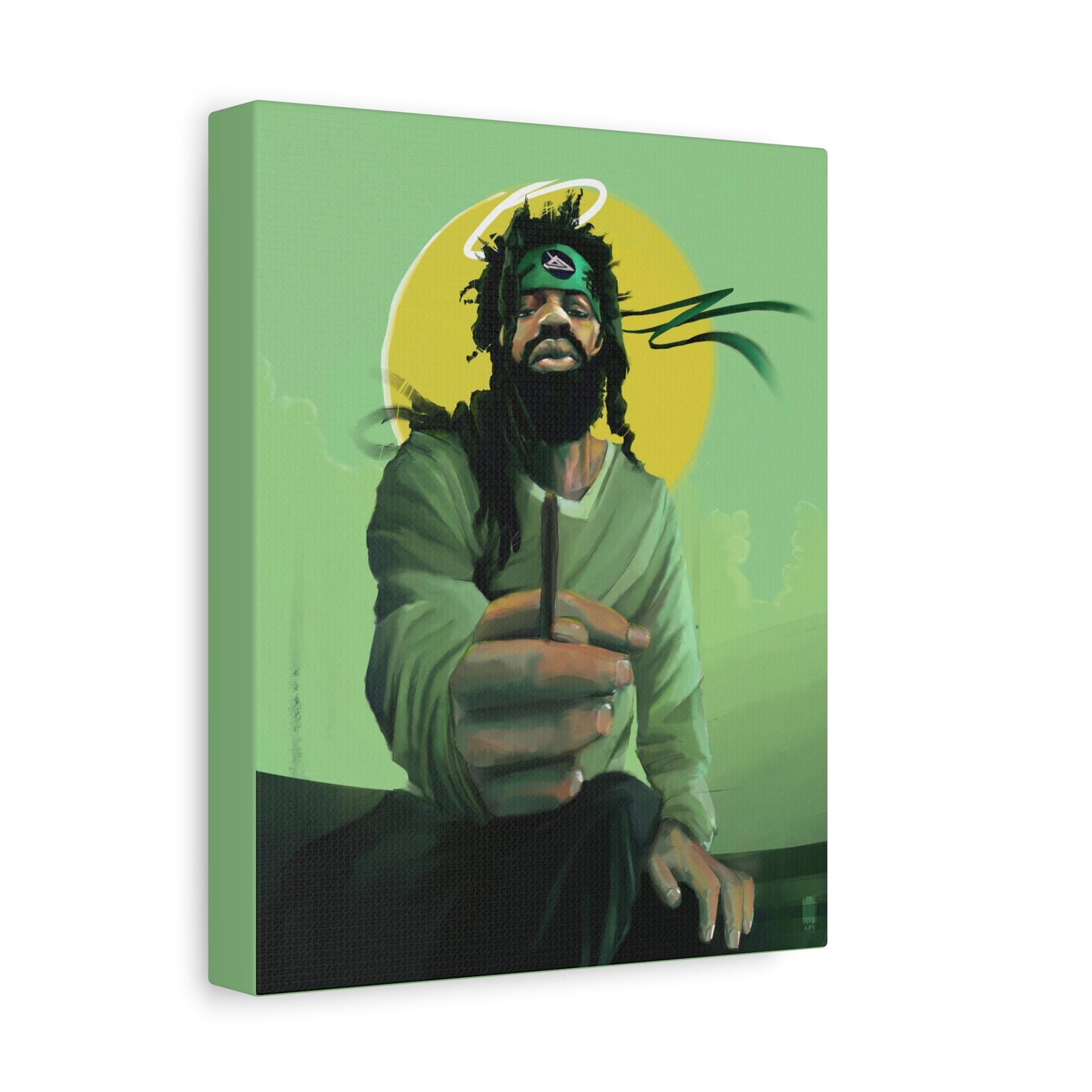 
                  
                    Green Halo Art Canvas - Meditative Figure Smoking Illustration
                  
                