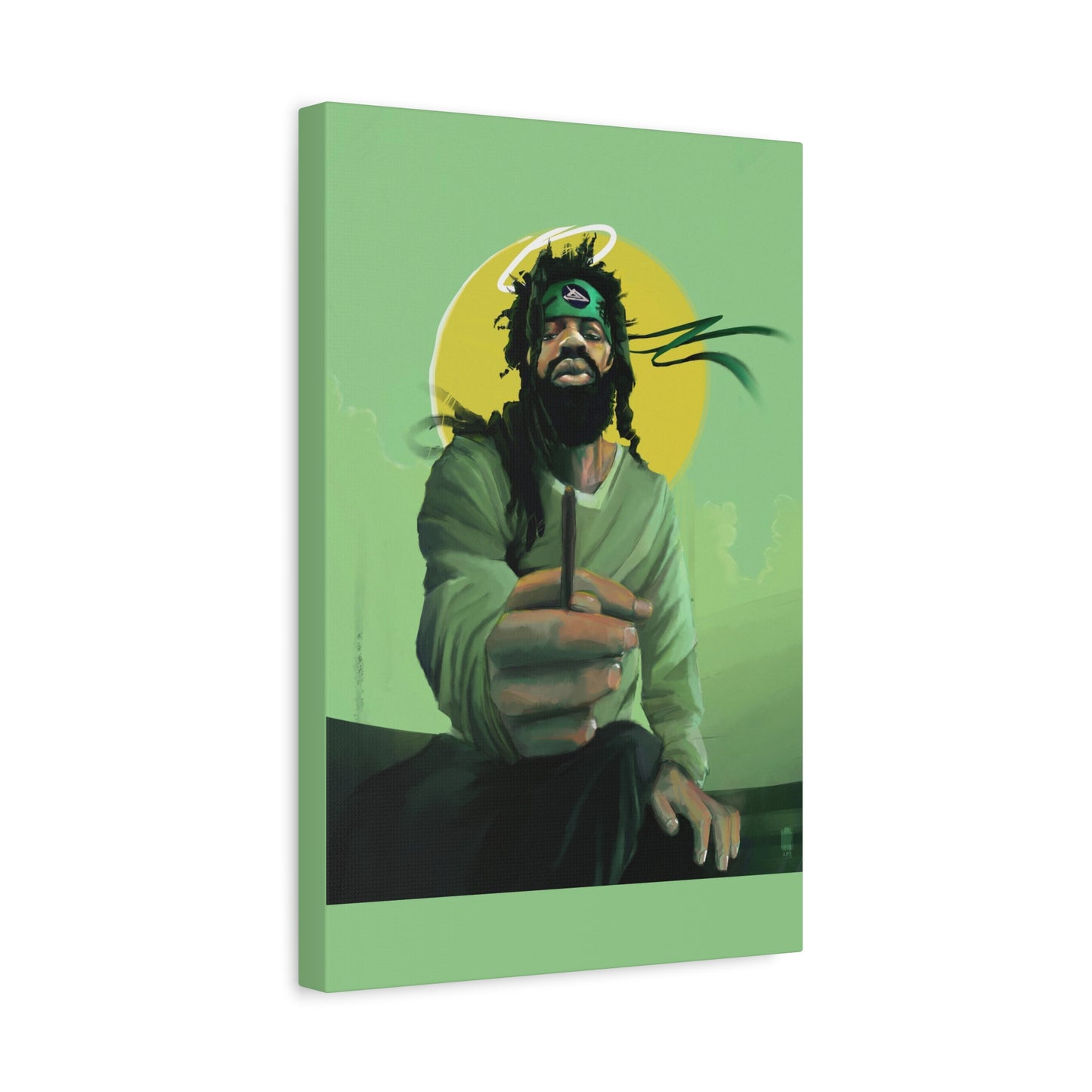 
                  
                    Green Halo Art Canvas - Meditative Figure Smoking Illustration
                  
                