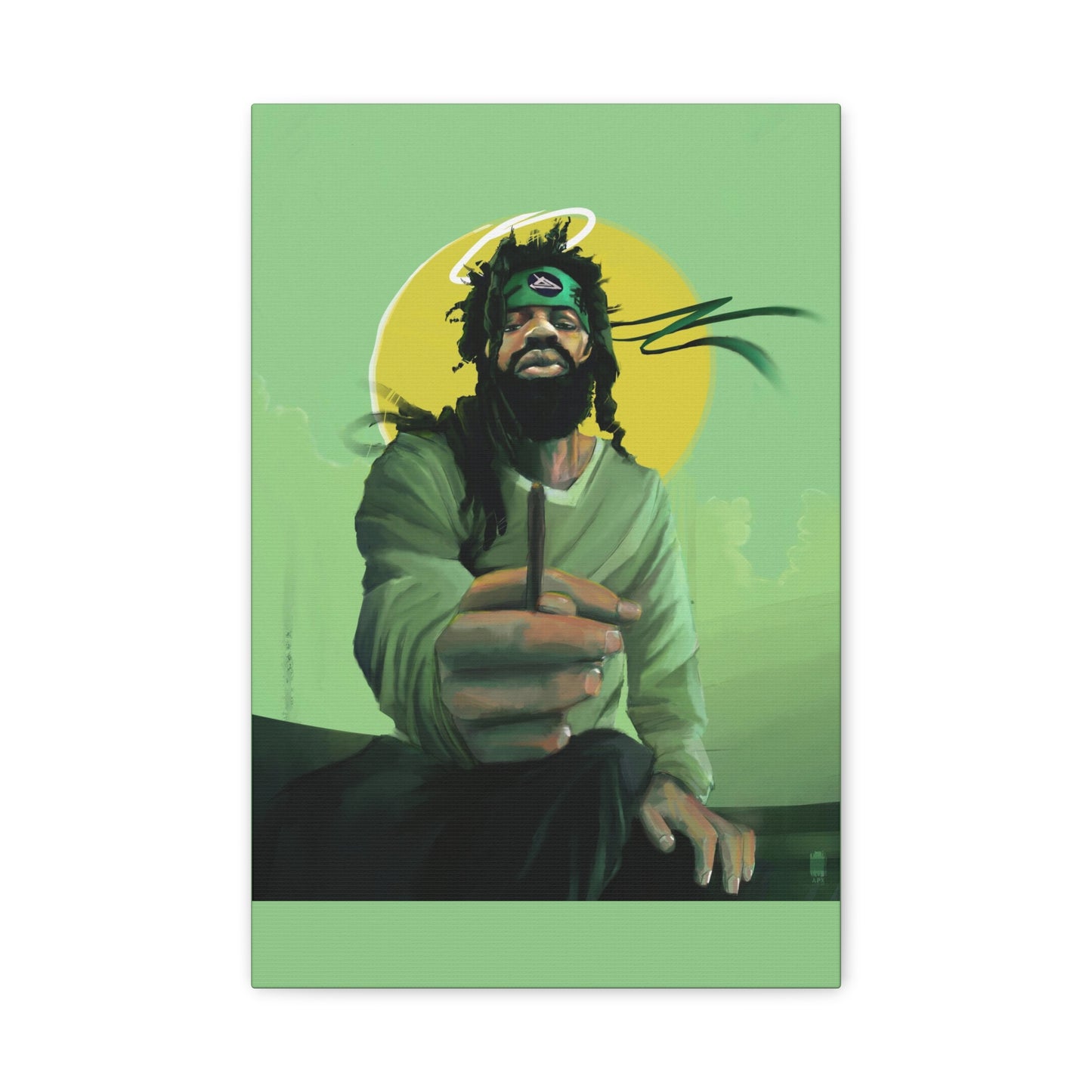 
                  
                    Green Halo Art Canvas - Meditative Figure Smoking Illustration
                  
                