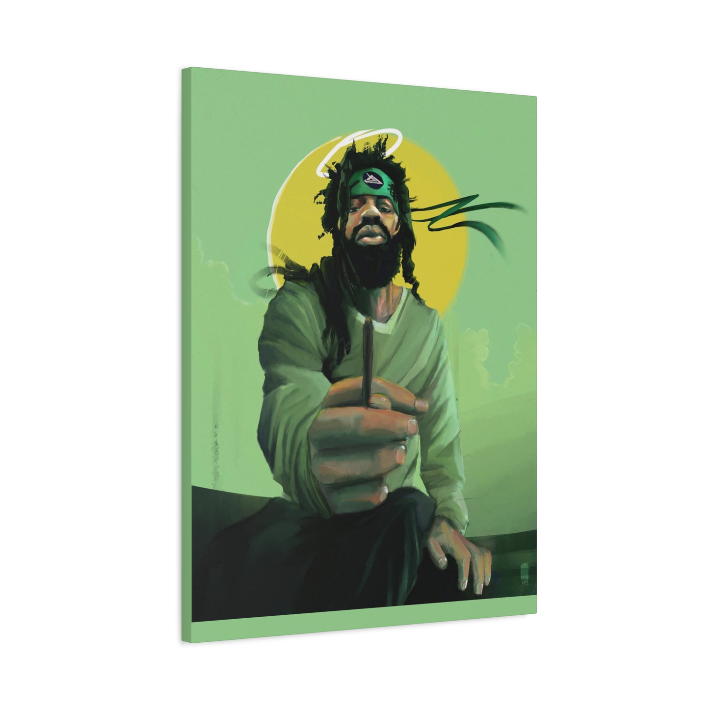
                  
                    Green Halo Art Canvas - Meditative Figure Smoking Illustration
                  
                